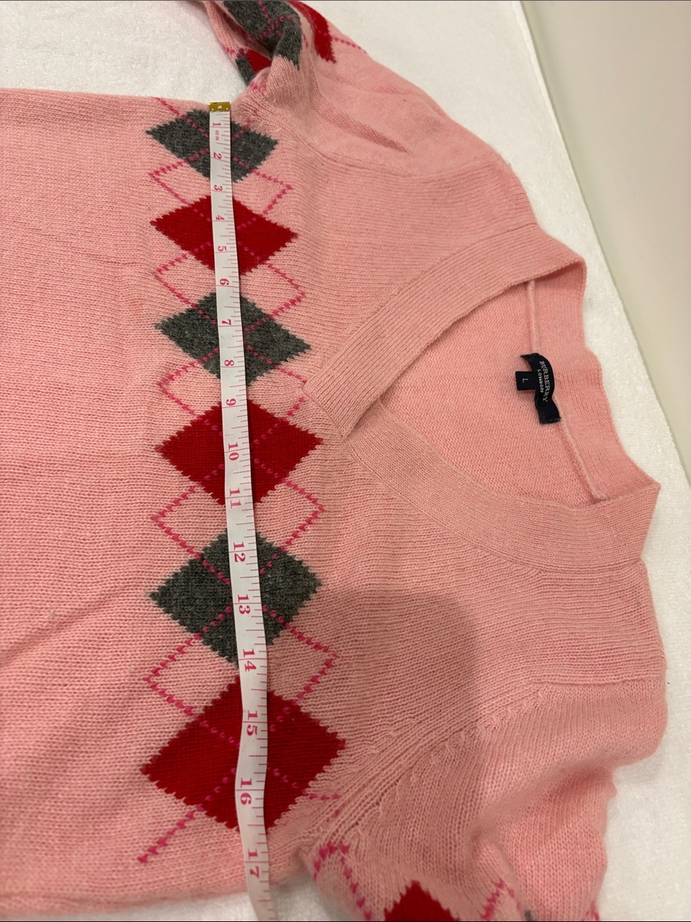 Burberry Pink Argyle Crewneck Lambswool Sweater with Red and Charcoal Accents - Picture 5 of 6